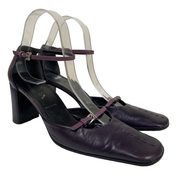 Vtg Prada D'Orsay Purple Leather Stitch Square Toe Buckle Heels 37.5 90s Y2K - Picture 1 of 13
